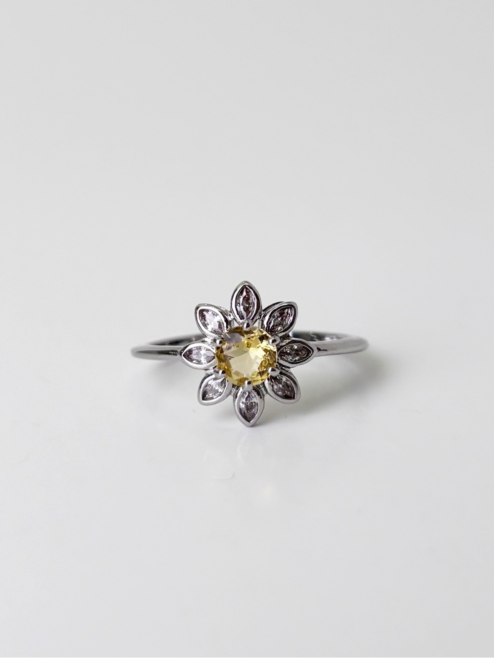 Sterling Silver Daisy Ring with Yellow Center Stone Cubic Zircon - Picture 2 of 10